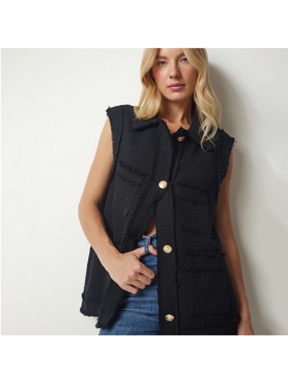 Zara Black Tweed Sleeveless Vest with Gold Buttons